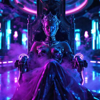 The primary subject of the image is a woman sitting on a chair, wearing a futuristic outfit. The setting is a futuristic room with a purple glow, and the visual style appears to be a combination of digital art and illustration. The woman is the main focus of the image, and the overall atmosphere is one of futuristic and fantastical elements.